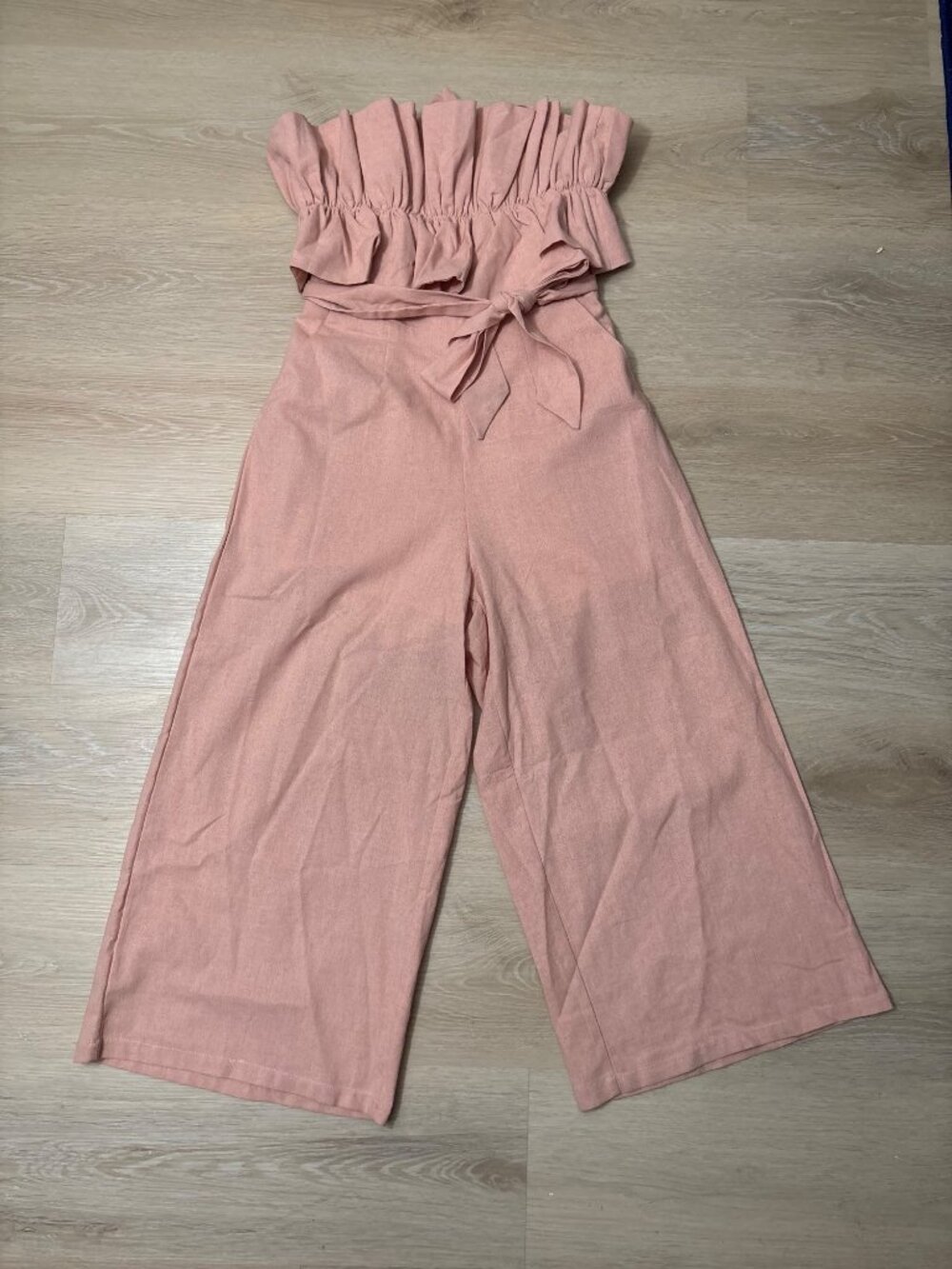 NEW Saints + Secrets Linen Wide-Leg Crop Jumpsuit Ruffle Strapless Blush Small - Picture 2 of 12